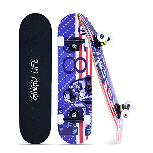Patinetas para principiantes, niños, niñas y adultos, 31 x 8 pulgadas, arce de 7 capas, cóncavo de doble patada, fascinante, sólido y duradero (bandera americana)