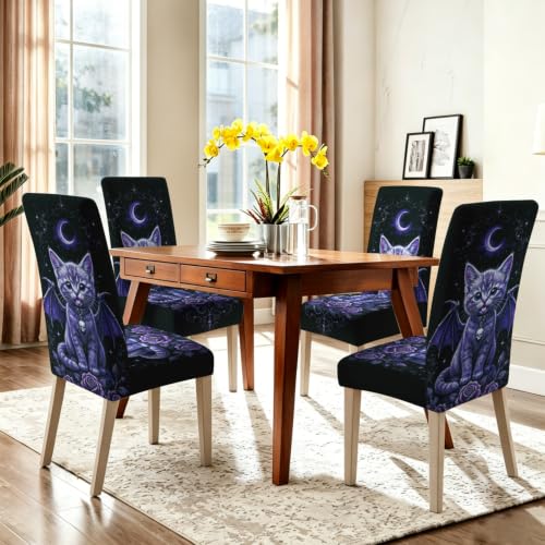 Image of Gothic Purple Bat Wing Cat Dining Chair Covers Set of 4 Slipcover