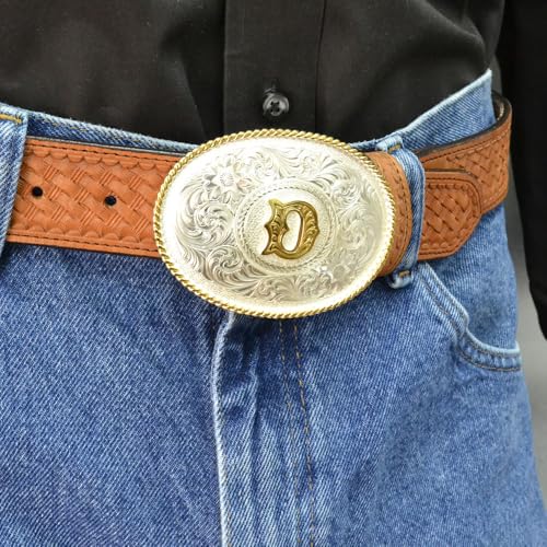 Image of Montana Silversmiths Initial Engraved Gold Trim Western Belt Buckle
