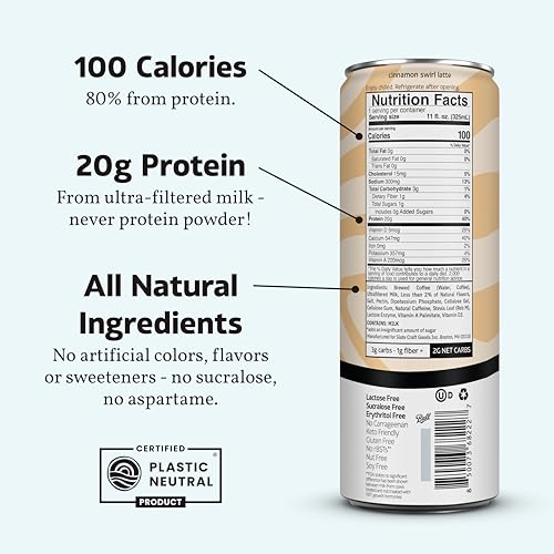 Image of Slate Milk - High Protein Iced Coffee - Cinnamon Swirl Latte - 175mg Caffeine, Lactose Free Energy - 20g Protein, 1g Sugar, 100 Calories, 2g Net Carbs, No Sugar Added - Protein Coffee - 11 fl oz, 12 Cans