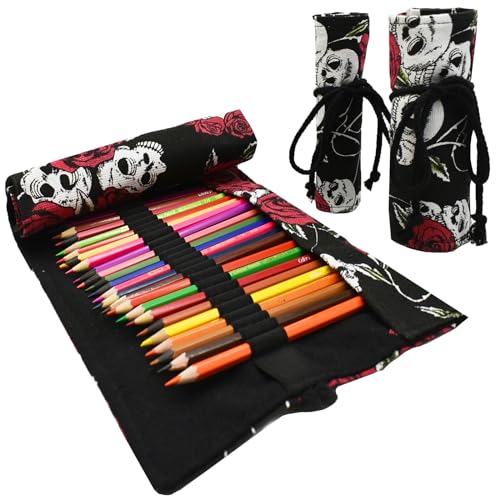 Image of Rose Pattern Colored Canvas Pencil Wrap Pencil Case Roll Up Holders Skull Pencil Organizers for Artist Adult Coloring Sketching Travel Storage With 72 Slots (Skull Rose)