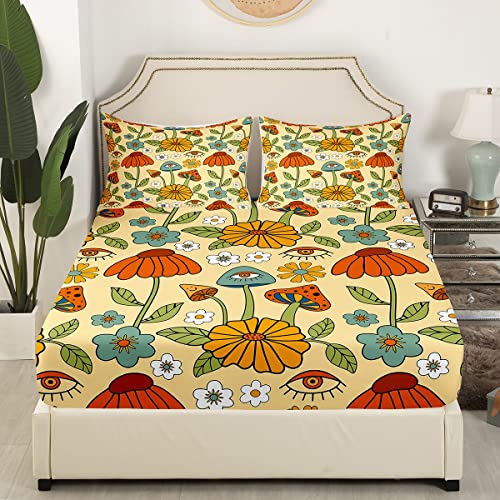 70S Groovy Flower Sheet Set Queen Size For Kids Boys,Boho Abstract Psychedelic Style Bed Sheet Retro Surreal Floral Eyes Pattern Bed Sheets Botanical Blossom Hippie Room Decor For Teens Girls #TOP2