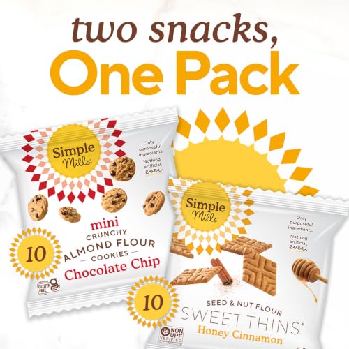 Image of Simple Mills Mini Choc Chip Cookie & Sweet Thins Variety Pack, 20ct, 0.8 oz | Bulk Size, 20 Individual Snack Packs, Certified Gluten Free, Non-UPF Verified, Great for Kids and Families, Lunchbox Ready