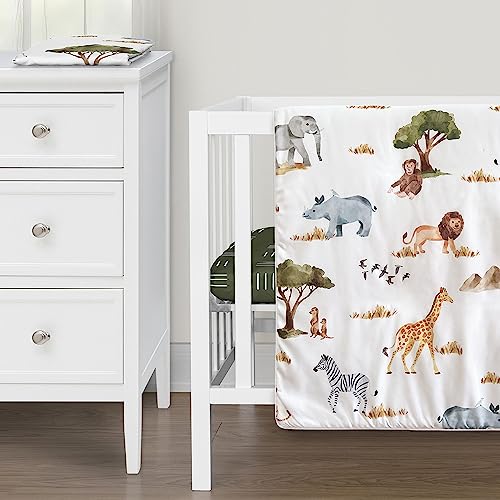 Image of Sweet Jojo Designs Jungle Animals Boy Girl Unisex Baby Mini Crib Bedding Set Infant Nursery Room Newborn Blanket and Portable Pack n Play Sheets 3p Dark Hunter Green Safari Elephant Giraffe Lion Zebra