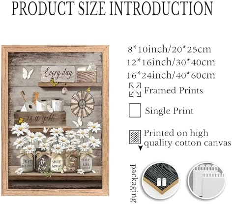 Framed Farmhouse Bathroom Canvas Wall Art Vintage Country Daisy Butterfly Painting Picture Wall Decor Retro Inspirational Quotes Floral Poster Print Artwork for Restroom Bedroom Living Room
