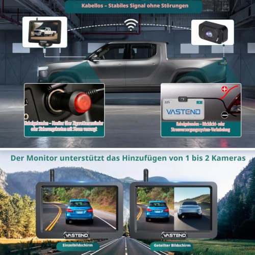 VASTEND Rückfahrkamera Kabellos HD 1080P Autokamera, 5'' Monitor, Split Bildschirm 2 Kanäle...