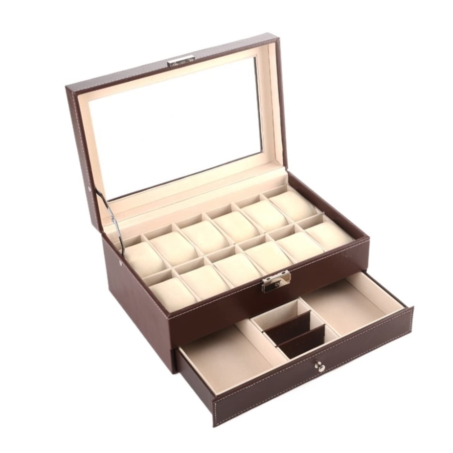 Uhrenetui, Uhren-Organizer, Display, 12 Fächer, Uhrenbox, doppellagiger Schmuckhalter aus PU-Leder, Aufbewahrungskoffer mit Schublade, Uhrenbox