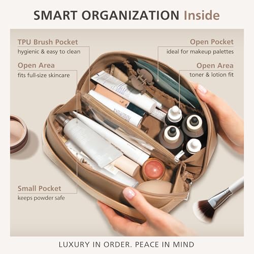 MELINE Travel Makeup Bag – Large Capacity Cosmetic and Toiletry Organizer with Divider and Handle, Waterproof Flat-Open Design, Portable Pouch for Women (Taupe)2