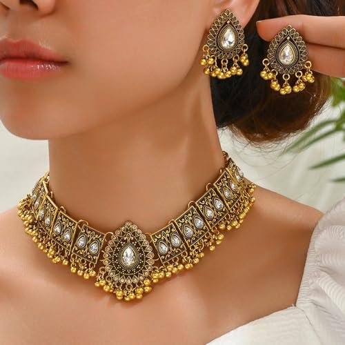 Indian Wedding Bridal Traditional Bohemian Jewellery Set For Women Girls Antique Silver Oxidized Ethnic Party Prom Wear Statement Necklace Earring Tassel Bollywood Choker Punk Crystal Fashion Gift for 1