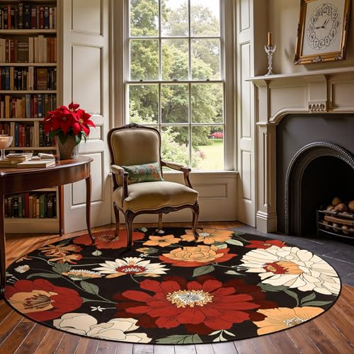 jinchan Vintage Floral Round Rug，7ft Black Multi，Washable Non Slip
