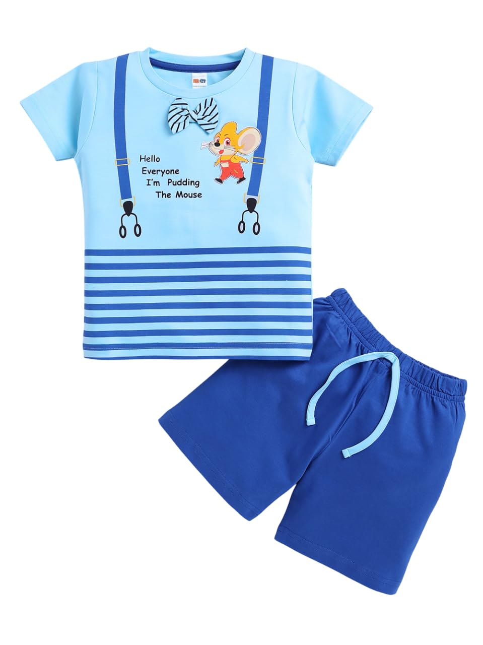 LITTLE NINJA Pure Cotton Knee Length Half Sleeve Kitty Cat Printed Tee & Shorts Set – Sky 0-6M