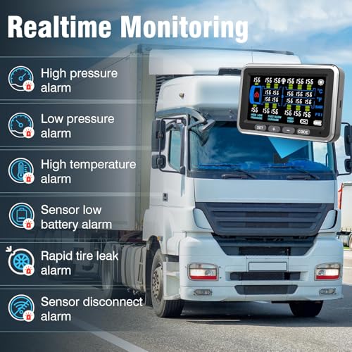 Tyona tire Pressure Monitoring System tpms (0-199PSI) 4.5-inch Screen 10 Sensors TP10 Trailer/RV Truck TPMS Color Display 6 Alert Modes,with Signal Booster tpms for Truck (10 Sensors)