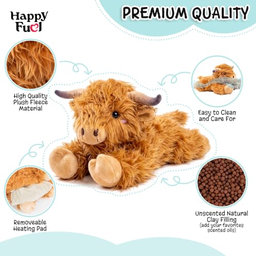 Image of Highland Cow Microwavable Stuffed Animal - 1.5 lb Unscented Heating Pad Plush, Soft Cozy Cute Cow Toy for Relaxation and Comfort, Gift for Women, Girls, Adults & Kids by Happy Fuel