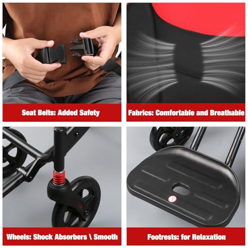 ProTraverse Wheelchairs for Adults,Transport Wheelchair Lightweight Foldable with Removable Cushion,Ergonomic Transfer Chair with 11-inch Rear Wheels for All Terrains,Travel Wheelchair,Red by ProTraverse - Image 8