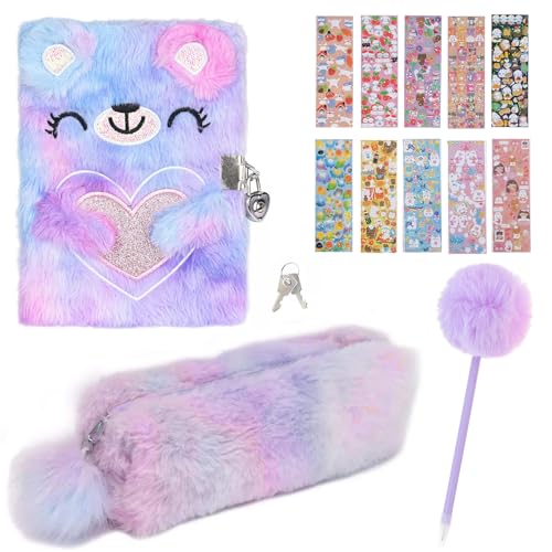 DERJDISF Bär Plüsch Tagebuch mit Schloss, Notizbuch mit Schloss für Student - Vollständiges Teddybär-Notizbuch-Set mit Freundebuch, Journal und weiteren Extras – Ein exzellentes Präsent!