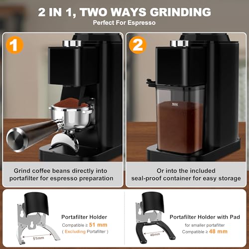 Image of Electric Conical Burr Coffee Grinder with 48 Grind Settings, 35s Timer, Detachable 48-51mm Portafilter Holder, Anti-Static, Low Noise for Home Espresso, Drip, French Press (Black)
