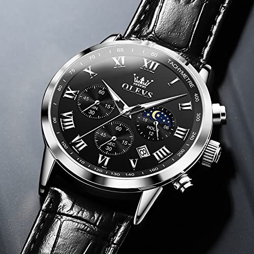 Image of OLEVS Men's Leather Analog Quartz Watch - Luxury Chronograph Wristwatch with Date, Waterproof, Luminous - Dress Style