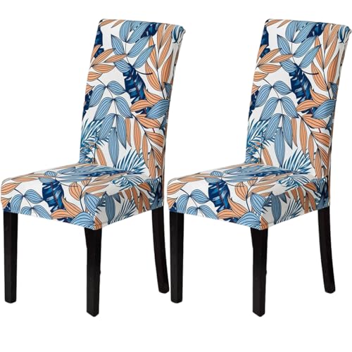 Image of Styleys Chair Covers for Dining Room, Stretch Dining Chair Cover, Washable Spandex Kitchen Chair Slipcovers (Set of 2, Blue /Orange Leaf, SD3209)