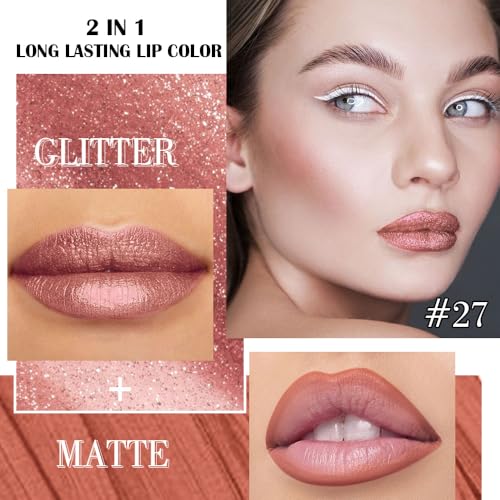 Image of evpct Nude Gold Metallic Glitter Lip Liner and Lipstick Combo Lip Gloss Stain Set Makeup for Women Long Lasting Waterproof 24, Non Stick Cup Metal Shine Shiny Shimmer Iridescent Liquid Lipstick 27
