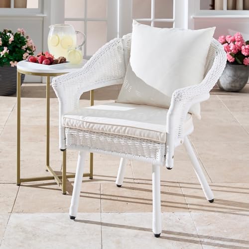 BrylaneHome Outdoor Weather Resistant Roma Hand-Woven Resin Wicker Stacking Chair + Free Seat & Back Cushions for Home, Backyard, Deck, Patio (250 Lb Capacity) - White