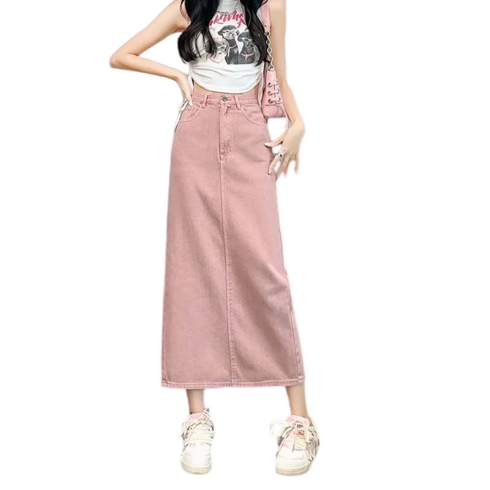 Minigonna Alta Vita Rosa Denim Maxi Gonna per Le Donne Lunga di Cotone con Fessura Retro Chic Casual Estate Streetwear Moda-Pink-XXL
