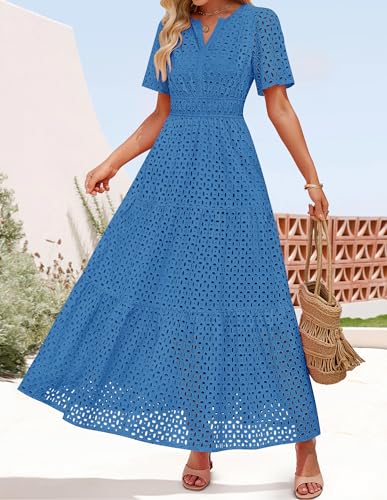 Image of ZESICA Women's 2026 Summer Short Sleeve Maxi Dress Casual V Neck Hollow Out Eyelet Ruffle Swing A Line Long Dresses