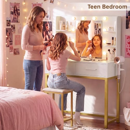 Image of YESHOMY Vanity Desk with Mirror and Lights, Small Makeup Table for Bedroom | Built-in Fast Charging Station, 3-Mode LED Mirror, Large Storage with Drawers & Open shelves