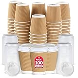 CHEF ROYALE 100 x 12oz Disposable Coffee Cups with Lids - Takeaway Paper Cups for Hot & Cold Drinks - Kraft Triple Walled Disposable Paper Cups - Takeaway Cups