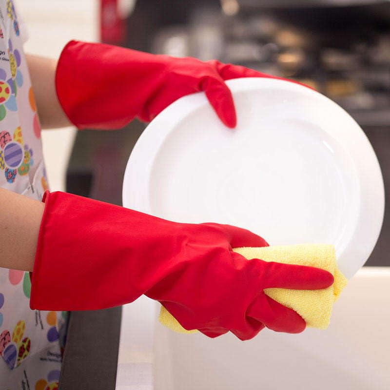 Image of Natural Rubber Household Gloves - Reusable & Waterproof for Cleaning, Dishwashing, Kitchen & Bathroom Use - Comfortable Fit with Non-Slip Grip - Durable & Long-Lasting (Red, 1 Pair)