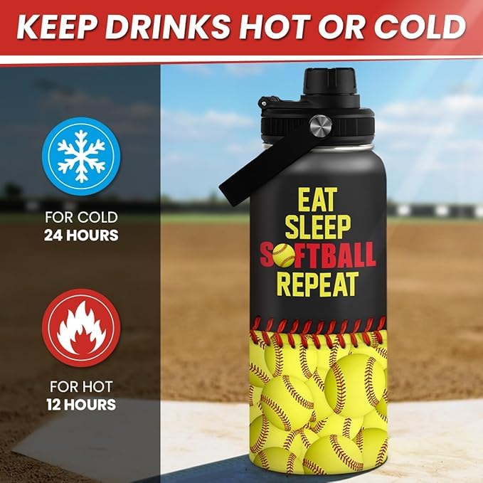 Image of SANDJEST Softball Gift Water Bottle - 32oz Insulated Stainless Steel Sport Bottle