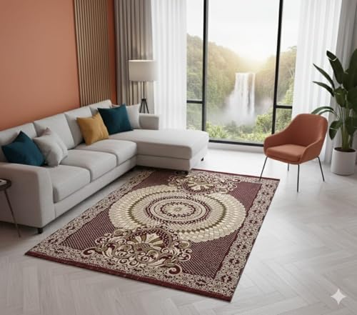 Image of Chenille /Cotton Carpet 5x7 Feet | Soft Velvet Rug for Living Room, Hall & Bedroom | Floor Carpet for Home | Designer Dari for Floor 150x210 cm | Non-Slip & Durable Kalin (Maroon)