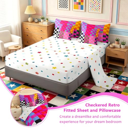 Image of Feelyou Multicolored Checkered Retro 7 Piece Bedding Set Kids Boys Girls Geometric Vintage Comforter Set with Sheets Queen Size Black Red Purple Bed in a Bag Modern Simple Groovy Aesthetic Room Decor