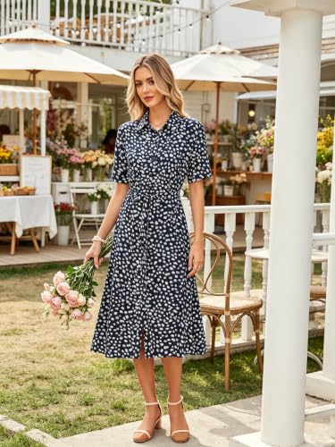 Image of BROVAVE Women's 2026 Summer Short Sleeve Work Dresses Tie Waist Button Down Animals Print Midi A-Line Shirt Dress