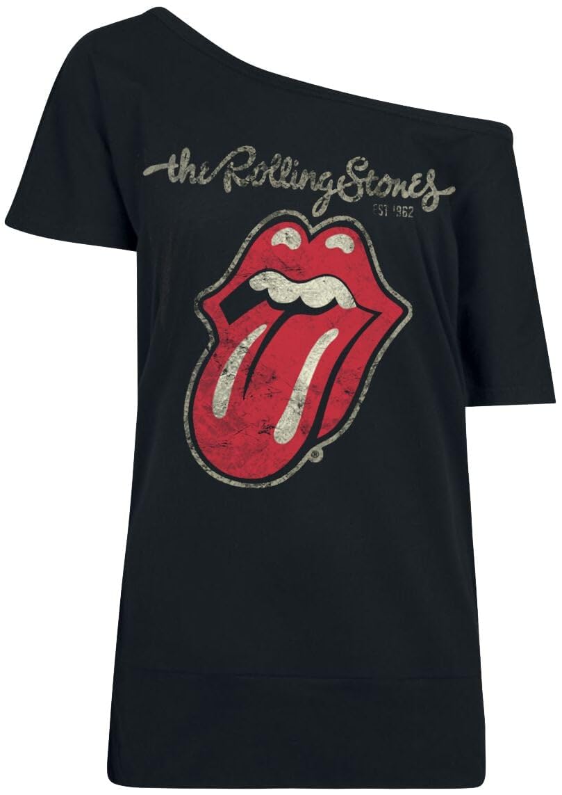 The Rolling Stones Langue Usée Femme T-Shirt Manches Courtes Noir Regular/Coupe Standard