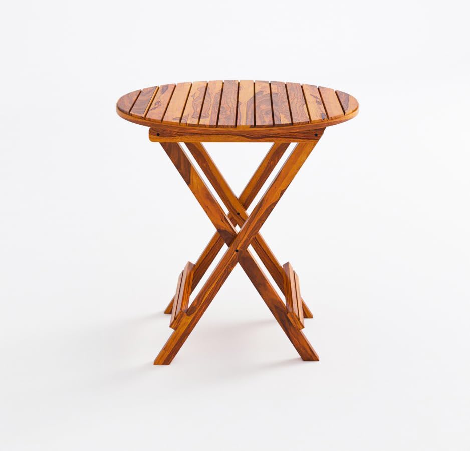 Image of Wooden Foldable Coffee Table | Round Folding Tea Table for Living Room, Patio & Outdoor | Portable End Table for Picnic, Balcony & Garden (Natural Finish)