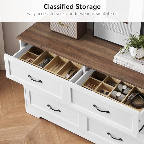 GAOMON-6-Drawer-Dresser-Farmhouse-Chest-of-Drawer-with-Metal-Handles-Modern-Storage-Organizer-with-Anti-Collapse-Design-Wooden-Dresser-for-Living-Room-Bedroom-Hallway-White-and-Brown GAOMON 6 Drawer Dresser Farmhouse Chest of Drawer with Metal Handles Modern Storage Organizer with Anti Collapse Design Wooden Dresser for Living Room Bedroom Hallway White and Brown