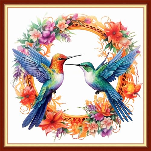 Image of Foxhool Beginners Cross Stitch Kits Stamped Full Range of Embroidery Kits for Adults DIY Cross Stitches kit Embroidery Patterns for Needlepoint kit-Hummingbird Wreath 18x18 inch