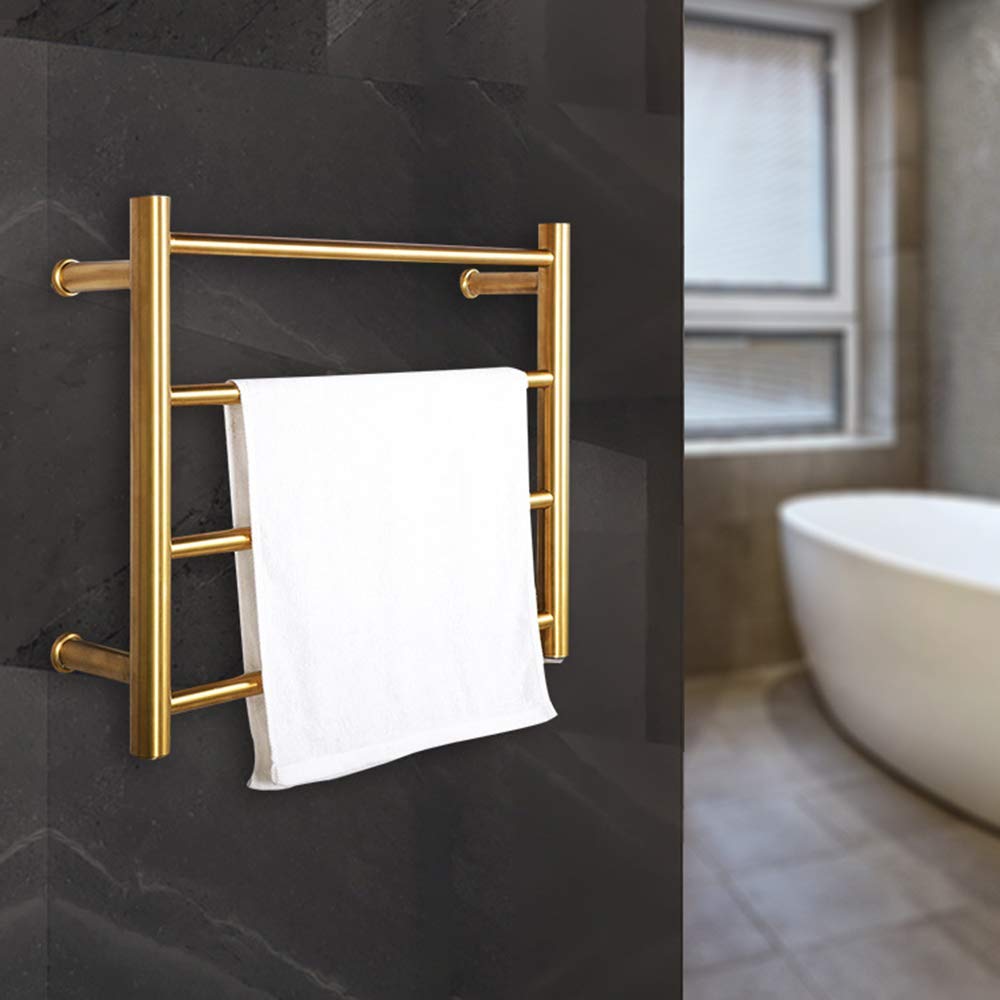 Toallero eléctrico, Calentador de Toallas, radiador para baño, Acero Inoxidable 304, con Opciones de cableado y enchufable, Dorado Cepillado, enchufable.