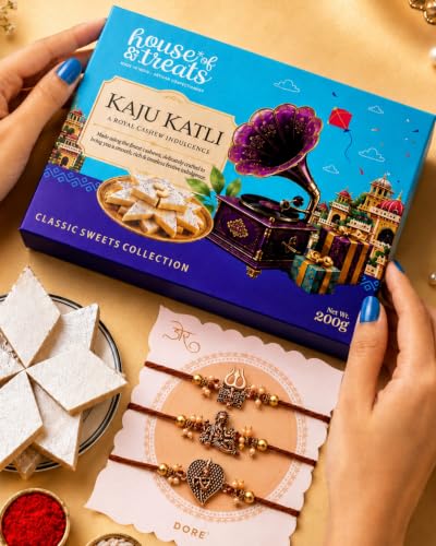 Image of House of Treats Rakhi With Sweets Kaju Katli 200g Rakhi Gifts for Brother Set of 3 Rakhi With Sweet Box for Gift Sweets Gift Pack Raksha Bandhan Hamper for brother