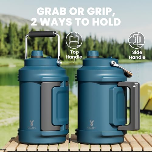 Image of 1 Gallon Insulated Water Bottle for Sports: Meoky 128 oz Triple Wall Vacuum Stainless Steel Water Jug - Top and Side Handles, Cold for 48 Hrs, 2-in-1 Straw and Spout Lid, Leak Proof for Hiking (Denim)