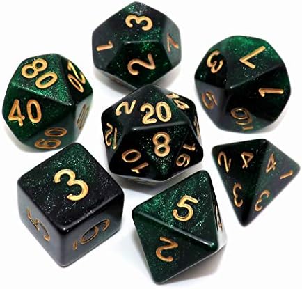 CREEBUY Polyhedral DND Dice Set Glitter Dice for Dungeon and Dragons D&D RPG Role Playing Games Green Mix Black Nebula Dice