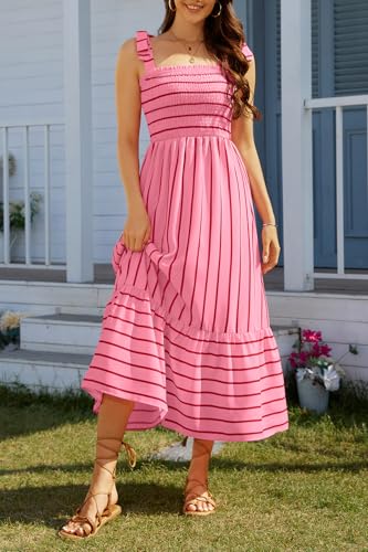 Image of Pinup Fashion Plus Size Summer Sun Smocked Eyelet Tie Straps Midi Dress | Adjustable tie straps, square neck, high waist, flowy tiered A-line, perfect for casual beach, holiday vacation, photoshoot