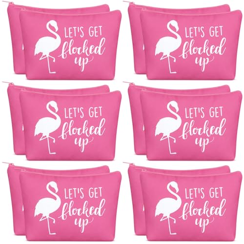 Kacctyen 12 Pcs Flamingo Cosmetic Bags Gifts Let'a Get Flocked up Flamingo Makeup Bag Canvas Zipper Pouch Pink Bachelorette Party Favor Supplies for Women Summer Bridal Showers Party Decorations