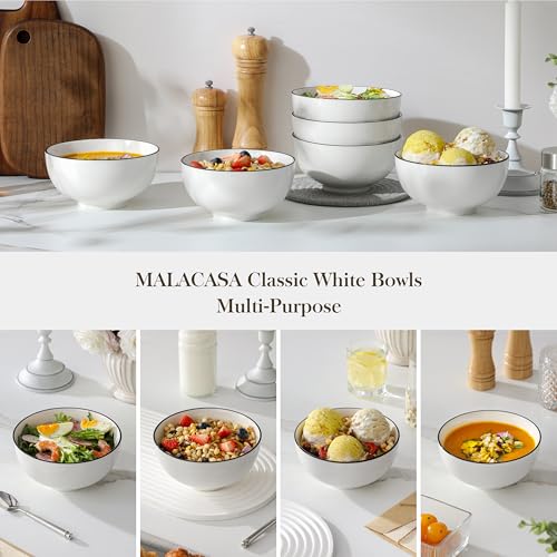 Image of MALACASA 26 Oz Ceramic Cereal Bowls Set of 6 - White Bowl wtih Black Rim | Perfect for soup, cereal, ramen, rice, oatmeal & salad; Scratch-resistant; stackable, microwave, oven & dishwasher safe