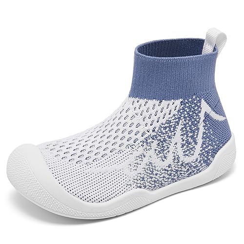 TODDLLUBY Toddler Sock Wrestling Shoes Boys Girls Lightweight Little Kids Water Minimalist Barefoot Beach Slip on Shoes for Walking Running Blue White Size 8