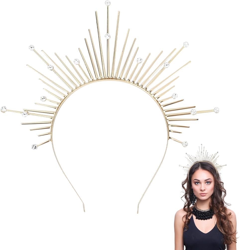 Gold Halo Crown Sunburst Spike Rhinestone Crystal Greek Godness Headband Vintage Renaissance Renfaire Headdress Mary Headpiece for Women Wedding Cosplay Pageant Festival Costmue Accessory