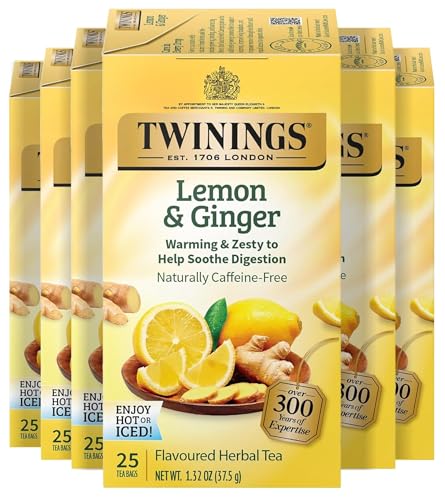 Twinings Lemon &amp; Ginger Herbal Tea Individually Wrapped Bags, 25 Count (Pack of 6), Spicy Ginger, Lemon Peel, &amp; Lemongrass, Naturally Caffeine-Free, Enjoy Hot or Iced, 150 Teabags