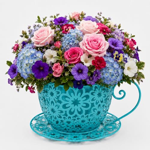 12 Inch Antique Metal Teacup Planter for Outdoor Plants Teapot Planter Floral Hollow Out Decorative Rustic Iron Flower Pot for Summer Garden Patio Home Decor (Turquoise)