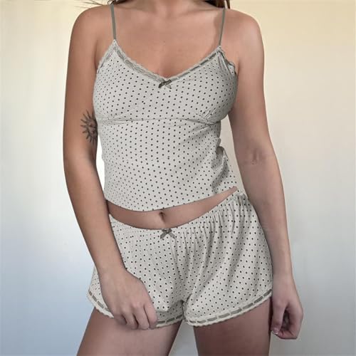 Image of Yuemengxuan Women Y2k Polka Dot Pajamas Sets 2 Piece Sexy Summer Outfits Set Sleeveless Strappy Cami Top Crop Top Shorts Set