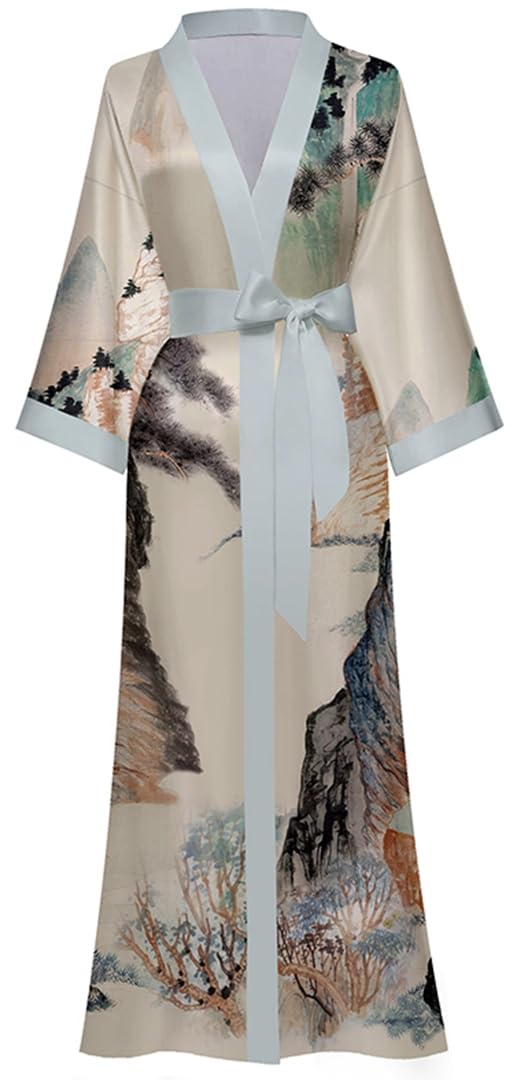 Accappatoio Donna Estivo Kimono Raso Stampato Seta Camicia da Notte Lunga Elegante
